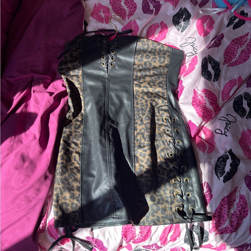 Leopard Panel Faux Leather Corset Vest - Black & Brown